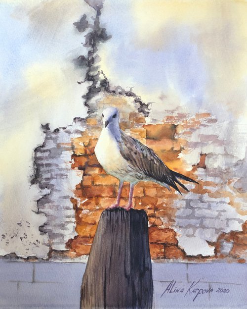 Seagull and old brick wall Venice by Alina Karpova