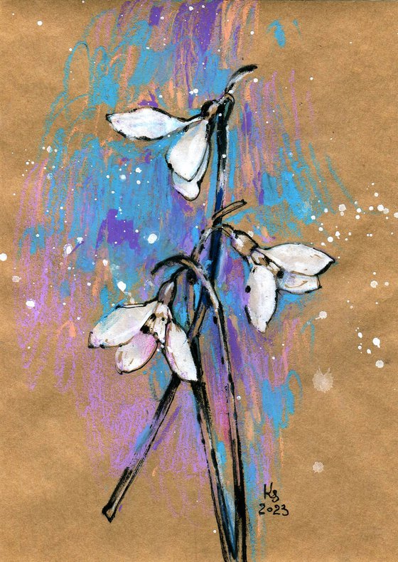 "Snowdrops" sketch on craft paper in mixed media