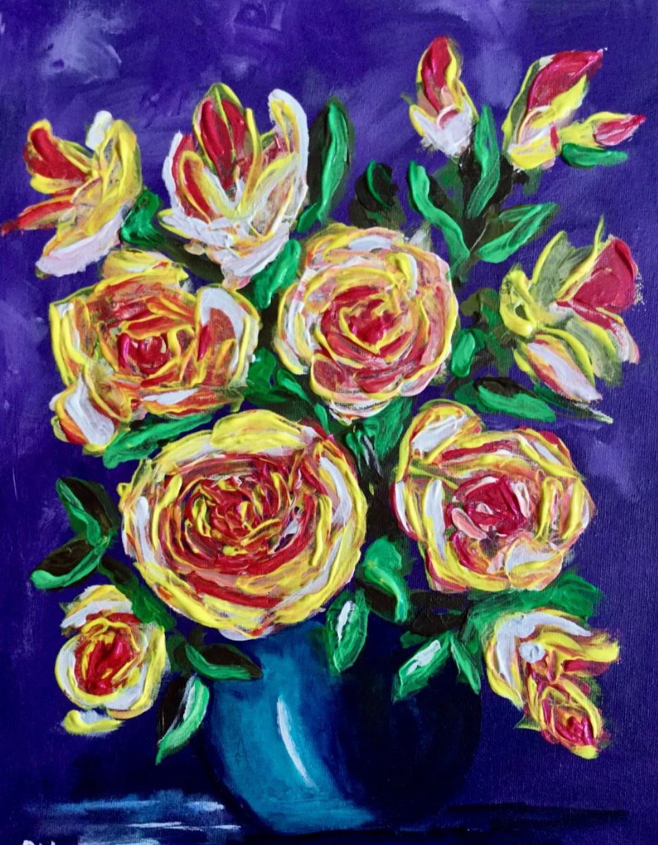 Impressionistic Botanical Acrylic Painting By Olga Koval, 12 X 16", Roses In A Vase., Original Artwork