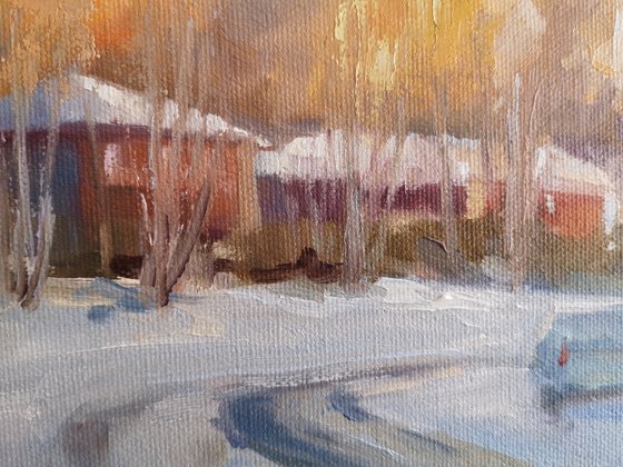 Early morning on my street, original, one of a kind oil on wide-edges canvas impressionistic style painting.