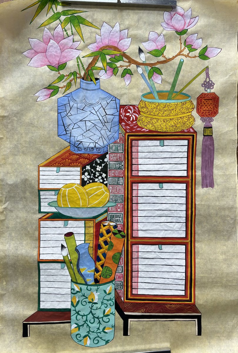 Still Life Painting By Sun-Hee Jung, 19 X 29", Bookshelf, Original Artwork