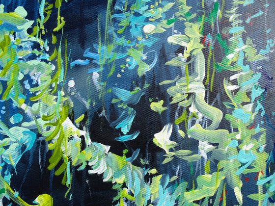 Abstract Floral Original Painting on Canvas. Blue White Flowers, Forest, Lake, Lily Pond.  46x61cm Modern Impressionism  Art