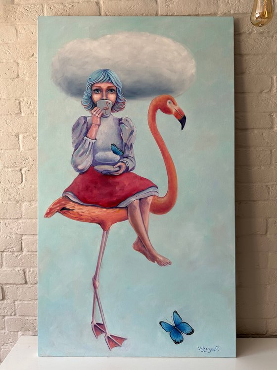 "Morning favorite drink with a friend". Original oil painting. XXL. Surrealism