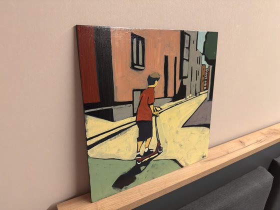 Boy on a Scooter — 16x16 in Original Painting