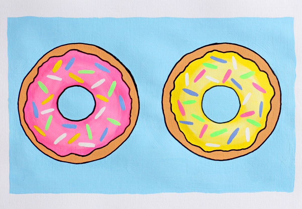 Two Donuts - Pop Art Painting On A4 Paper (Unframed) by Ian Viggars