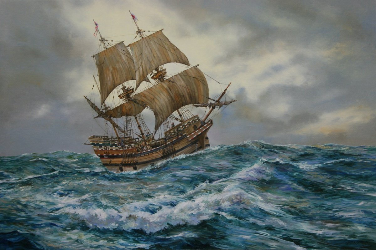 Impressionistic Landscape Oil Painting By Peter Goodhall, 41 X 29", Mayflower In Heavy Seas, 1620, Original Artwork