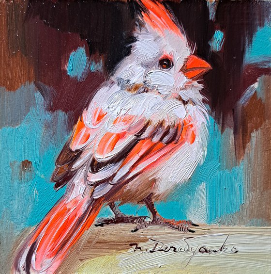 Cardinal red white bird oil painting original 4x4 framed artwork Albinos Bird small