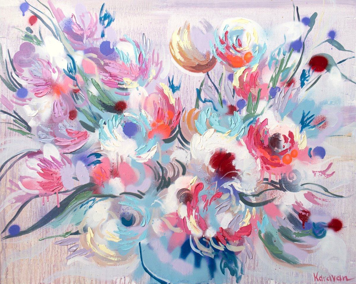 Abstract Botanical Oil Painting By Nataliia Karavan, 30 X 24", Sweet Dreams, Original Artwork