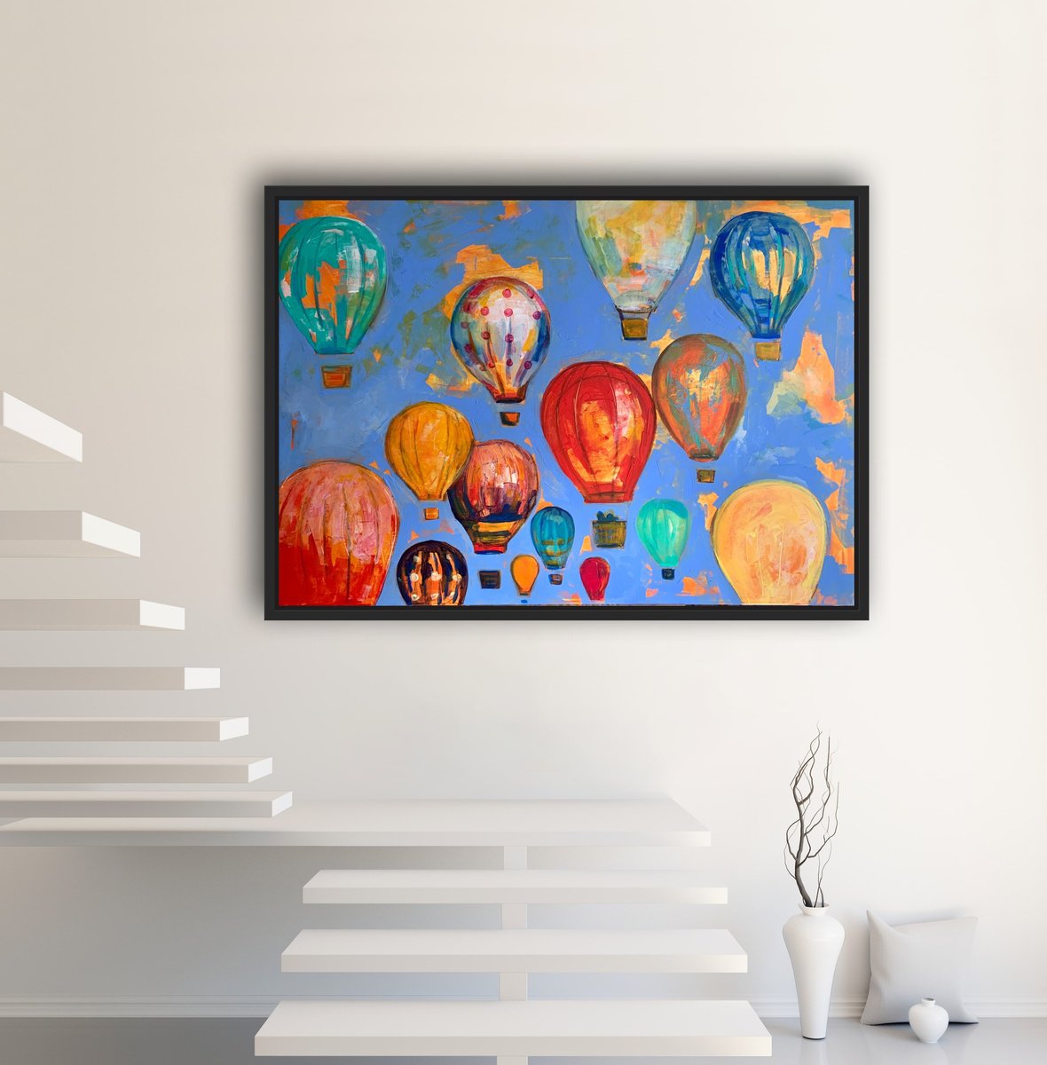 Impressionistic Landscape Acrylic Painting By Olga Pascari, 39 X 28", Hot Air Balloon