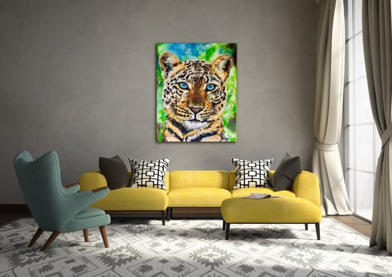 LEOPARD. Blue eyes . LARGE SIZE MODERN URBAN ART OFFICE ART DECOR HOME DECOR GIFT IDEA