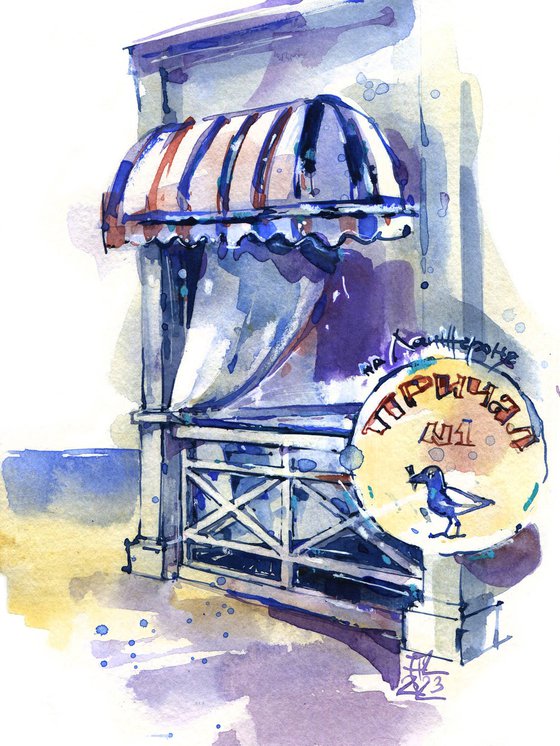 Original watercolor architectural sketch "Beach cafe. Memories from a trip"