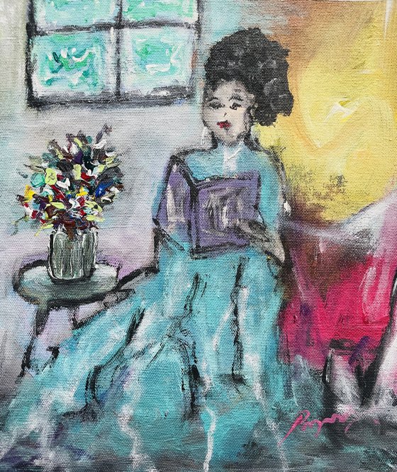 Girl reading a book and vase of flowers - Diptych