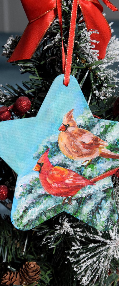 Personalised Christmas ornaments, cardinals original acrylic painting, hand painted bauble by Kate Grishakova