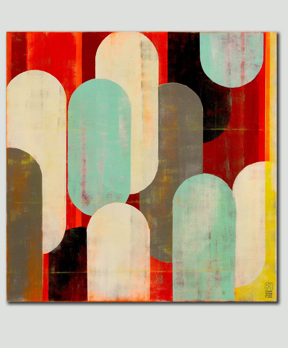 Abstract Acrylic Painting By Ronald Hunter, 35 X 35", Traffic Full Color Red, Original Artwork