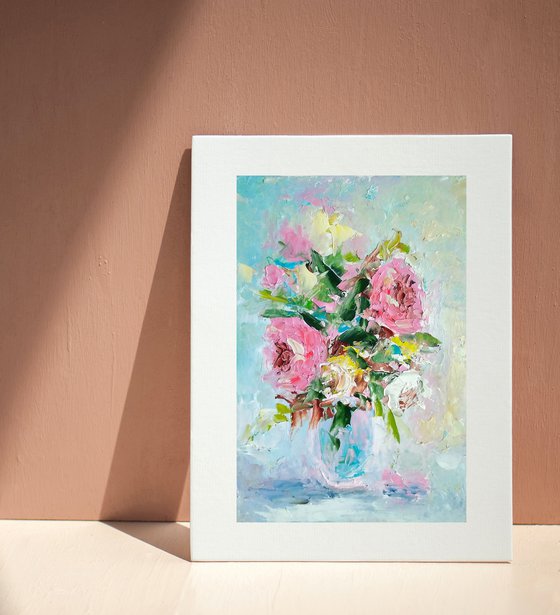 Roses Painting Original Art Floral Oil Painting Flower Bouquet Artwork Small Wall Art