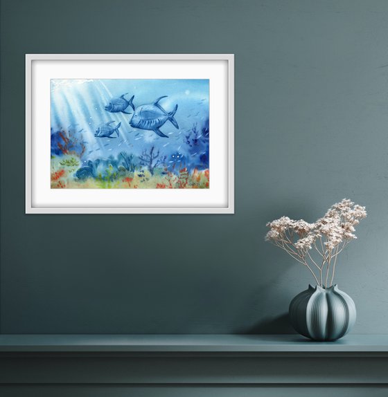 Marine fish underwater, coral reef life. Original artwork.