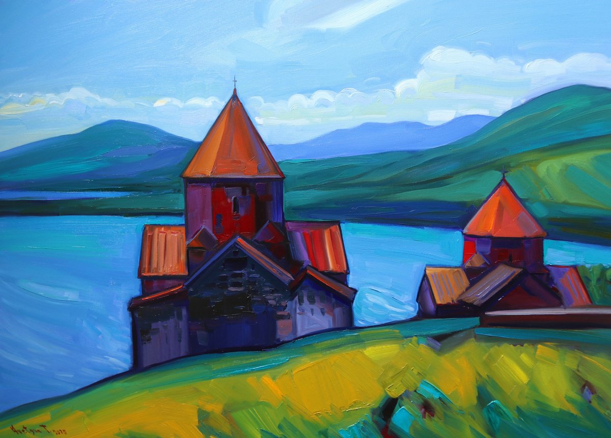 Expressive Landscape Oil Painting By Tigran Avetyan, 35 X 26", Sevanavank, Original Artwork