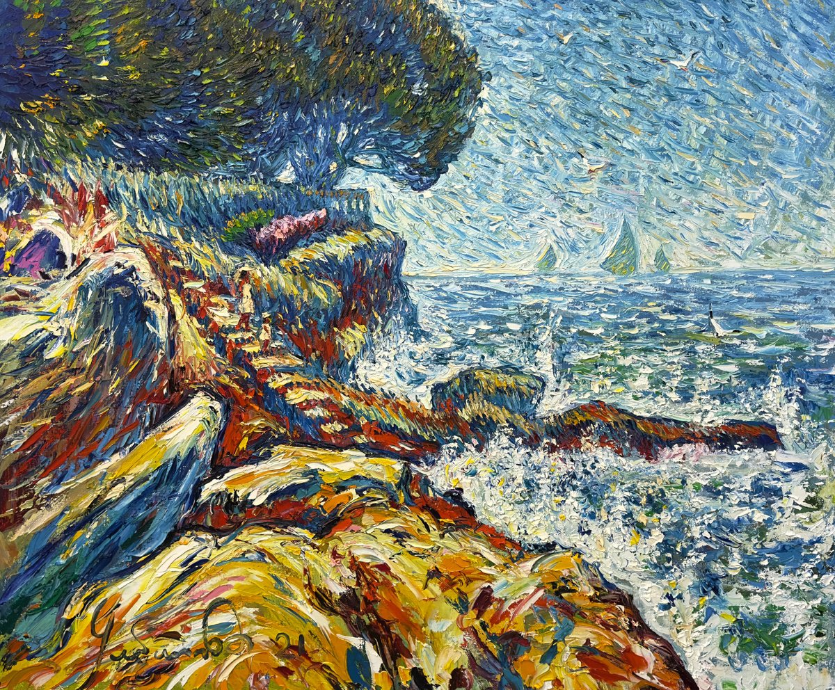 Impressionistic Landscape Oil Painting By Andrii Chebotaru, 47 X 39, Silence Of The Sea Breeze, Original Artwork