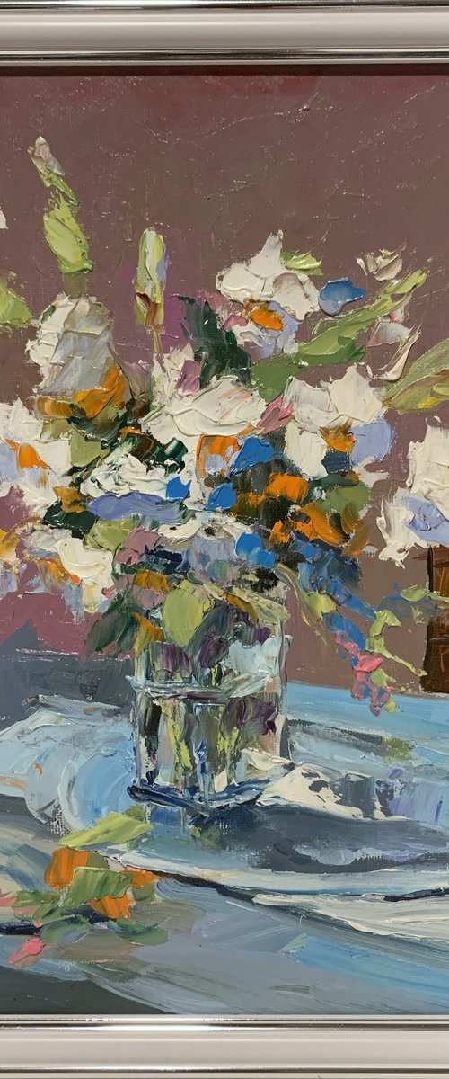 White flowers in a glass vase. by Vita Schagen