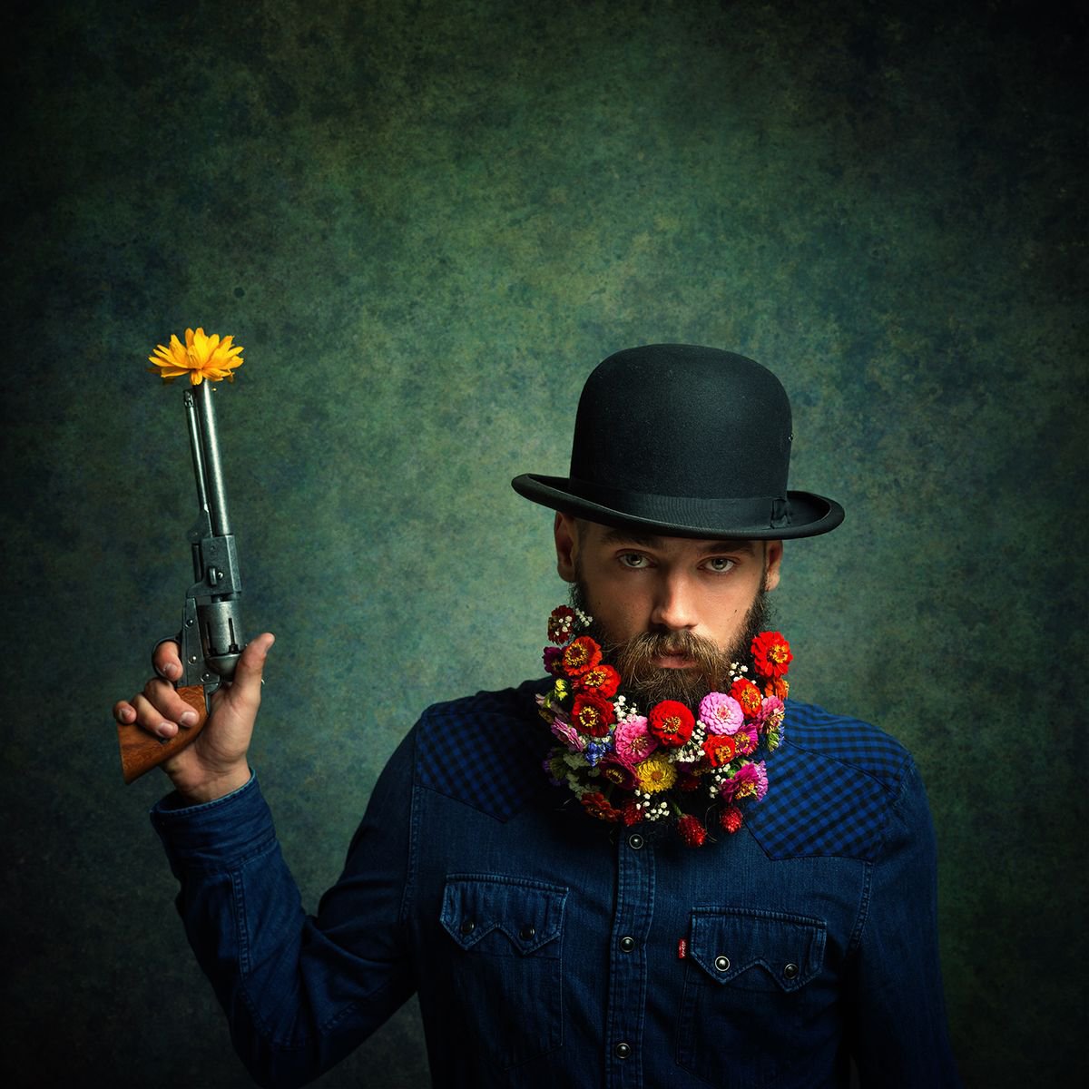 Flower Power - Portrait of a flower bearded male by Peter Zelei