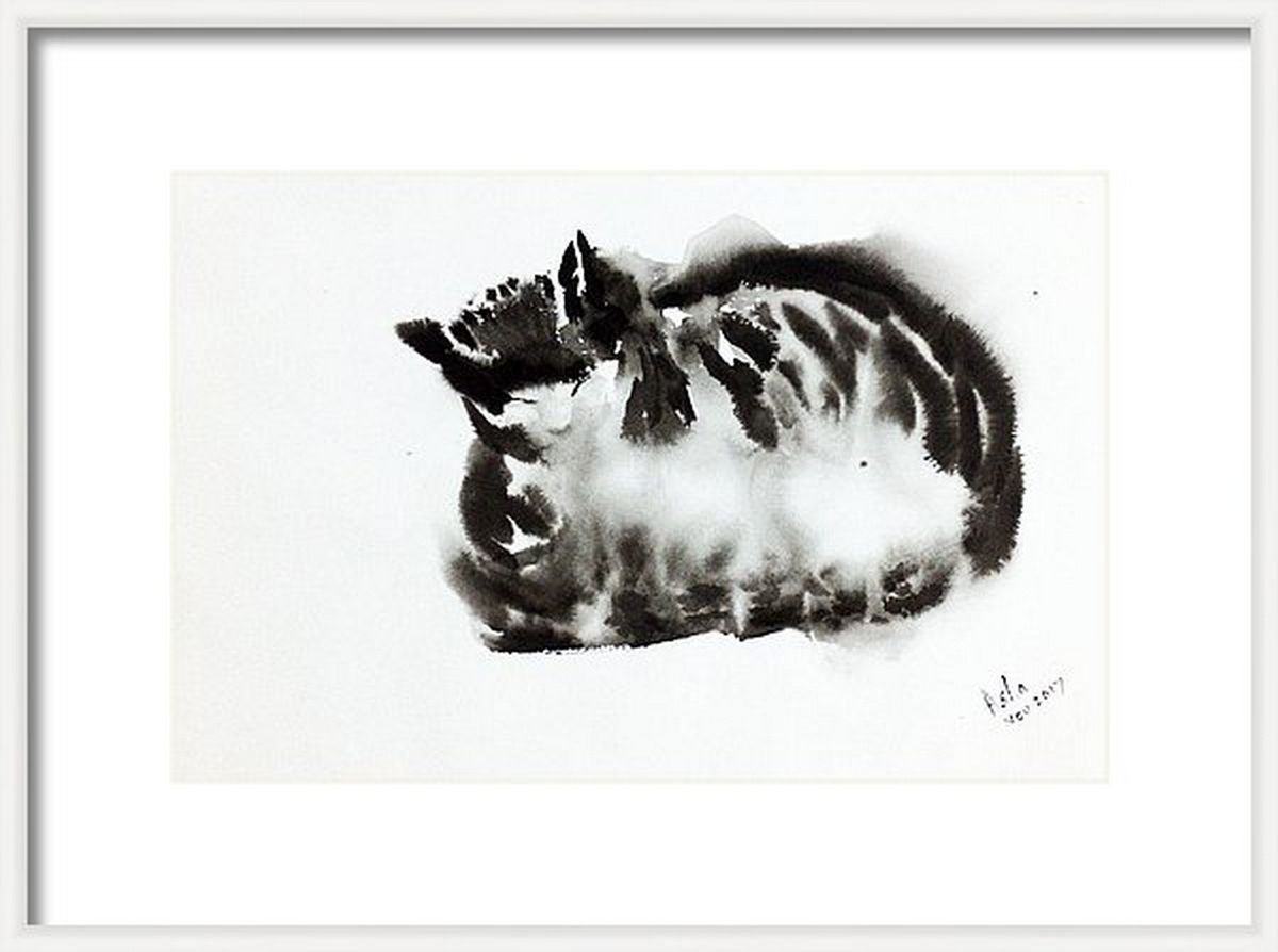 Cat in Ink -Cat Nap - cat caught napping by Asha Shenoy