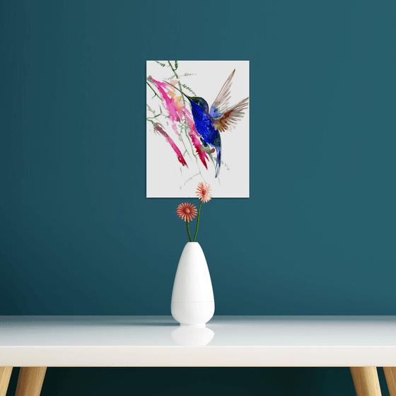 Blue Hummingbird and Tropical Flowers
