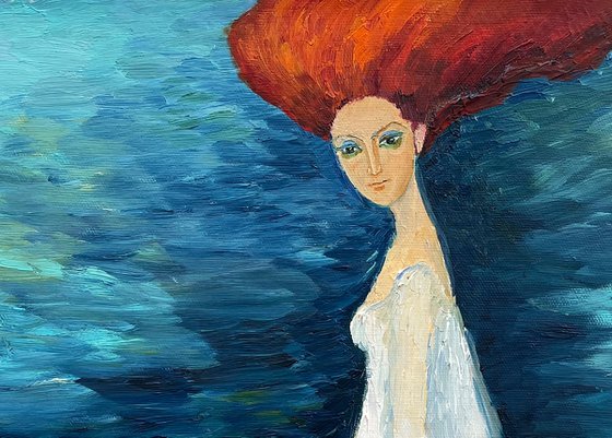 TO THE STORE TO BUY SOME BREAD (The Red Fish) - oil figurative artwork with a girl and a fish sea blue home decor gift idea