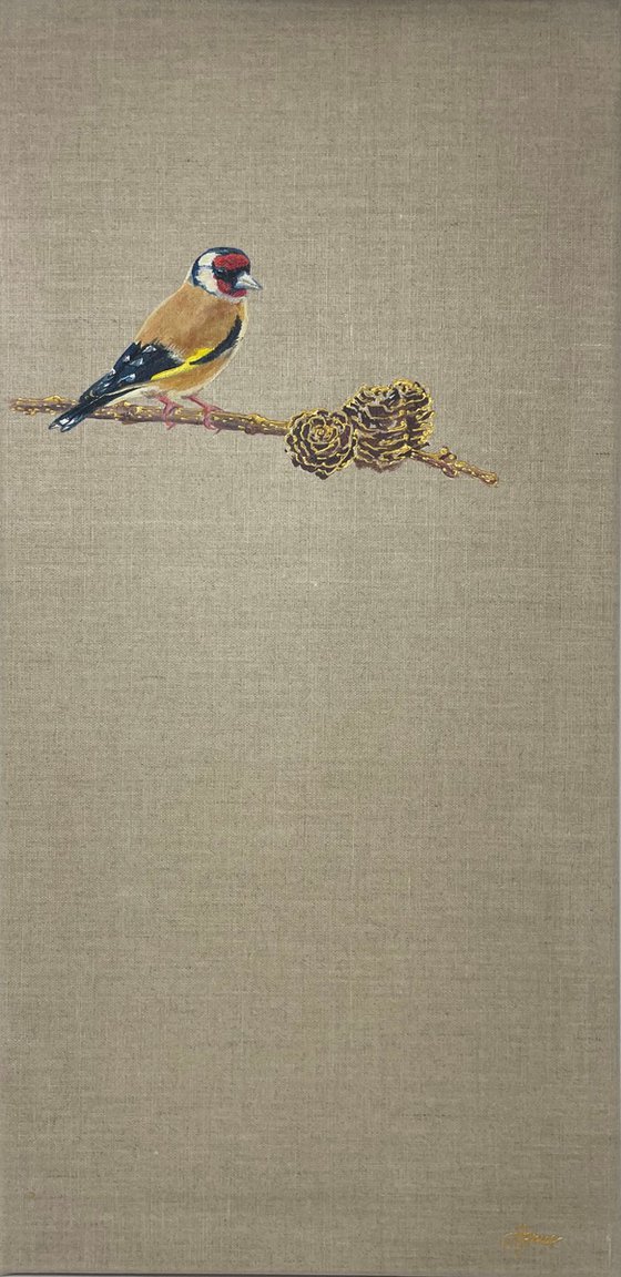 Goldfinch with Golden Pinecones