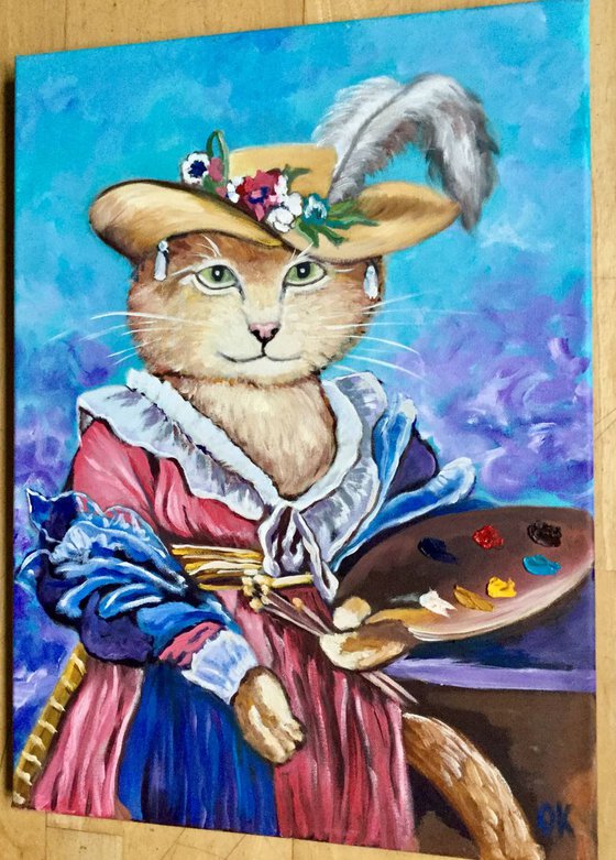 ARTIST. FELINE ART. CAT IN A HAT.