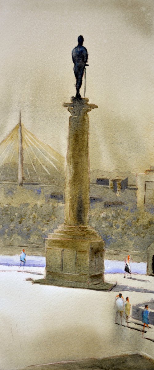 Above the statue of the winner Belgrade 17x36 cm 2024 by Nenad Kojić watercolorist