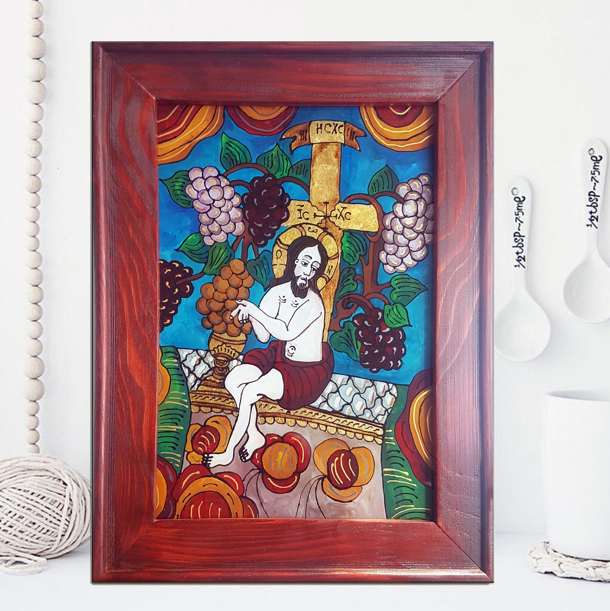 Jesus with Vines - Romanian Traditional Folk Icon Reverse Side Technique on Acrylic Glass by Adriana Vasile