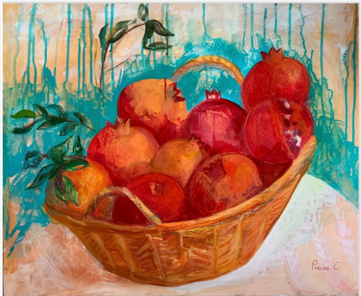 Impressionistic Still Life Oil Painting By Olga Pascari, 24 X 20", Pomegranate In Basket, Original Artwork
