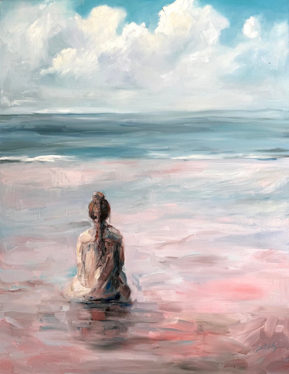 Landscape Oil Painting By Liubou Sas, 28 X 35", Pink Sand, Original Artwork