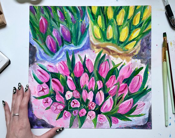 Tulips Original Gouache Painting, Flower Watercolor Art, Bouquet Artwork, Cottagecore Aesthetic