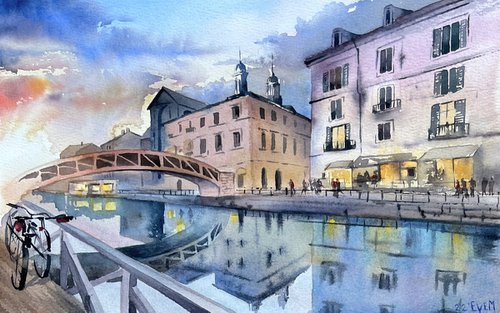 City landscape. Sunset and reflection of architecture in the water. Original watercolor artwork. by Evgeniya Mokeeva