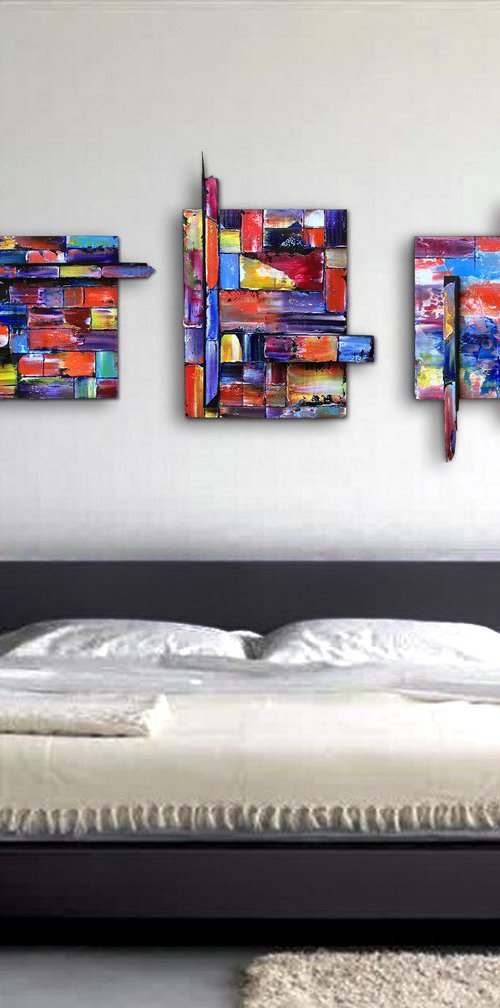"The Pixel Variations" - FREE USA SHIPPING - Original Triptych PMS Mixed Media Sculptural Paintings On Wood, Framed -  65 x 26 inches by Preston M. Smith (PMS)
