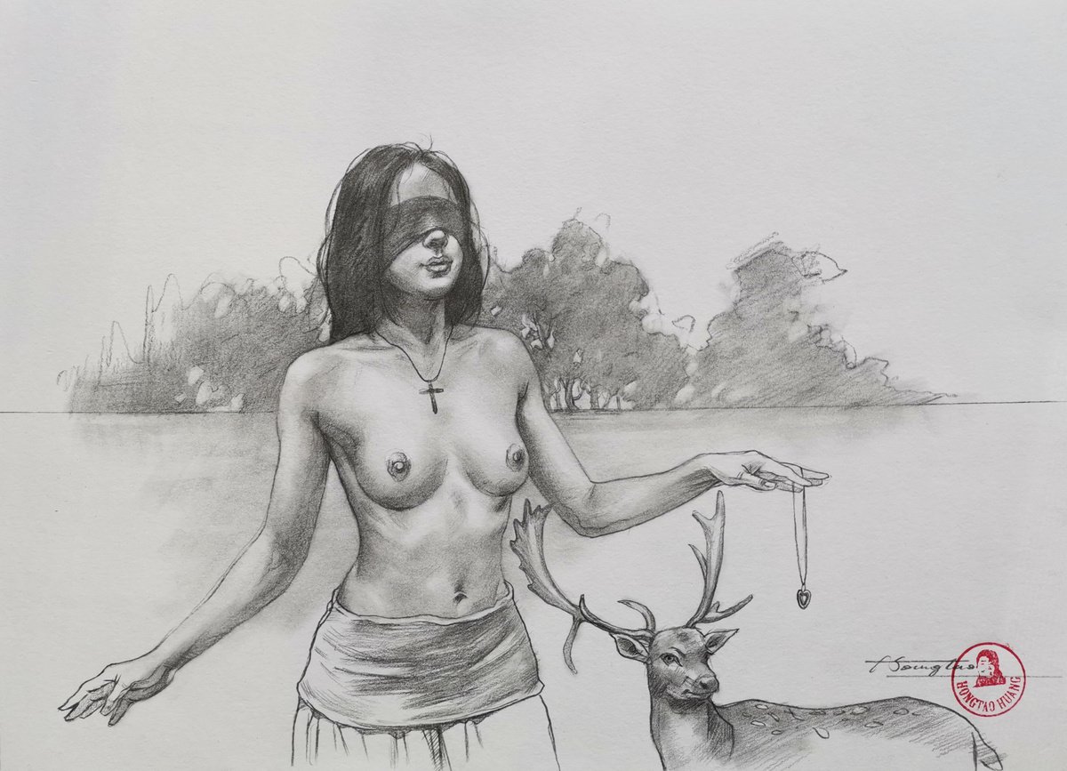 Typographic Portrait Pencil Drawing By Hongtao Huang, 11 X 7, Girl And Deer #21914, Original Artwork