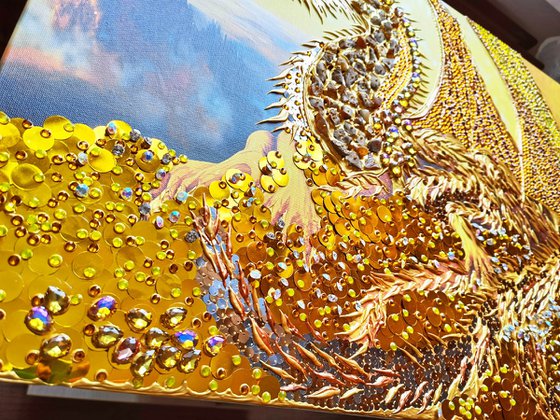 Golden dragon - original painting on canvas with crystal shimmering rhinestones and golden coins. Fantasy art.