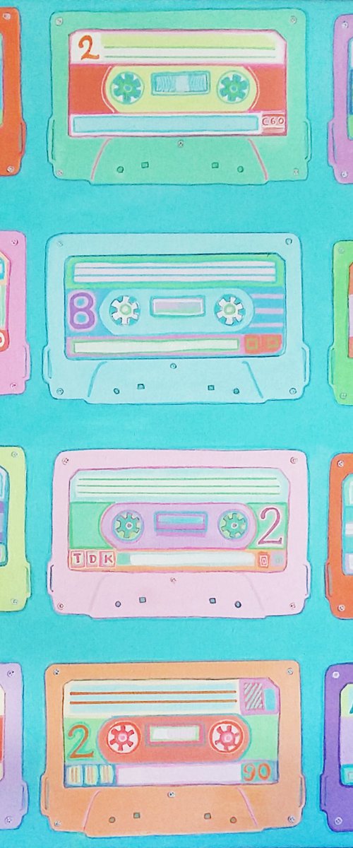 Play it again (cassette tapes, retro music, 70's, 80's rock culture, large canvas artwork) by Carolynne Coulson