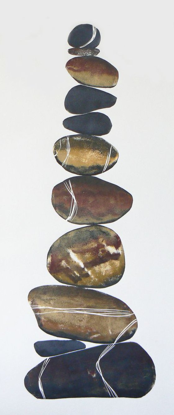 Zen stones - Eleven stones #1  (50 cm - banded balancing stones lino/monoprint)