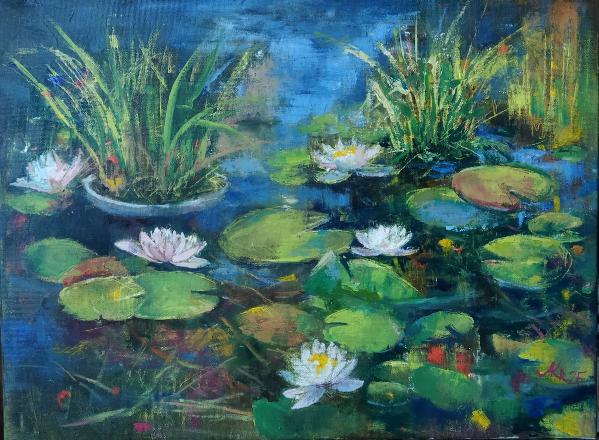 Impressionistic Landscape Oil Painting By Ann Krasikova, 16 X 12, Water Lilies Pond, Original Artwork