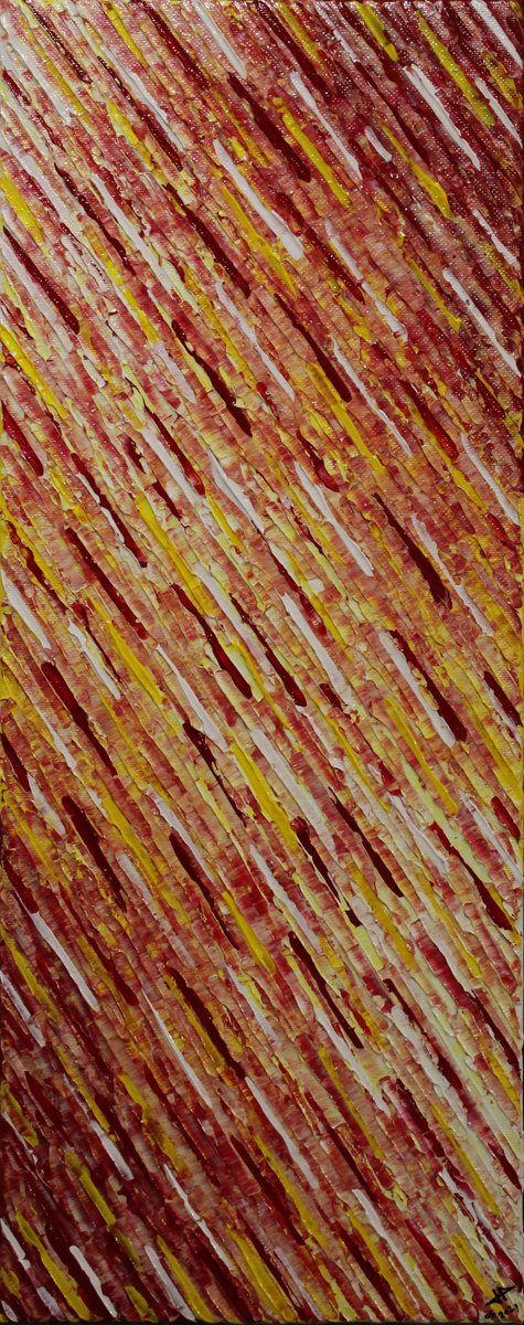 Abstract Acrylic Painting By Jonathan Pradillon, 8 X 20, Red Yellow White Knife Texture, Original Artwork