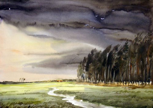 Storm & Forest-Watercolor on paper by Samiran Sarkar