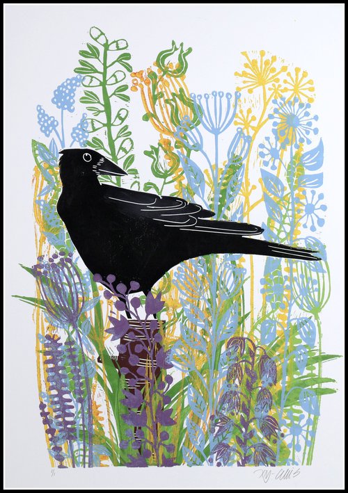 Crow in the Meadow, monoprint by Mariann Johansen-Ellis