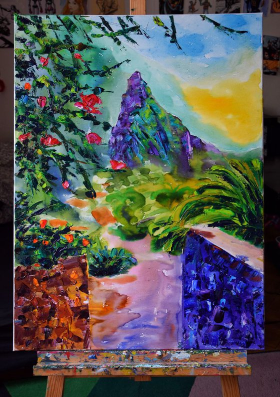 Island landscape big mixed media painting on canvas Mountains village Masca on Canary Islands