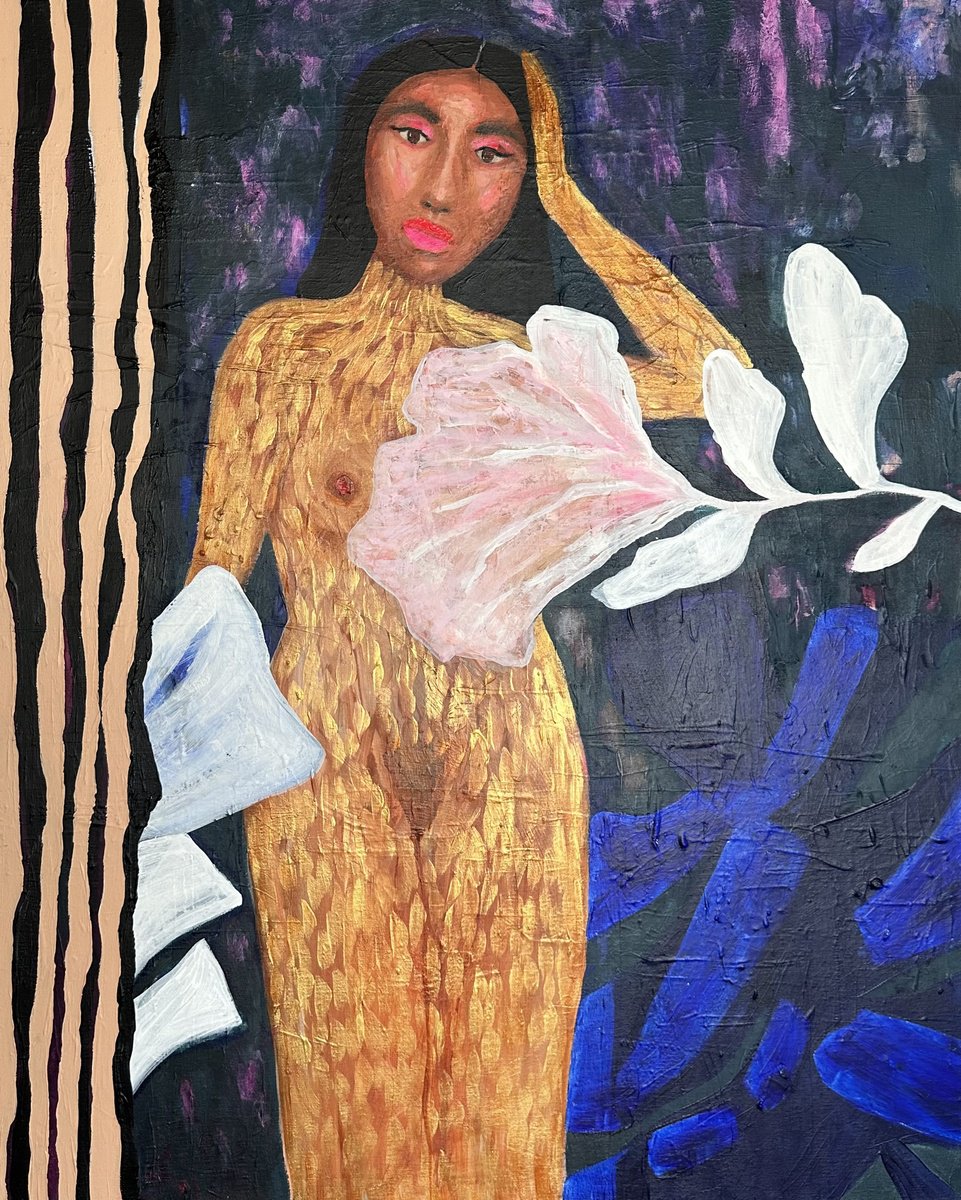 Abstract Portrait Acrylic Painting By Adina Potop, 31 X 39, Tales Of Gold And Shadow, Original Artwork