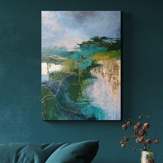 "Aspen 2" Abstract nature green gold art