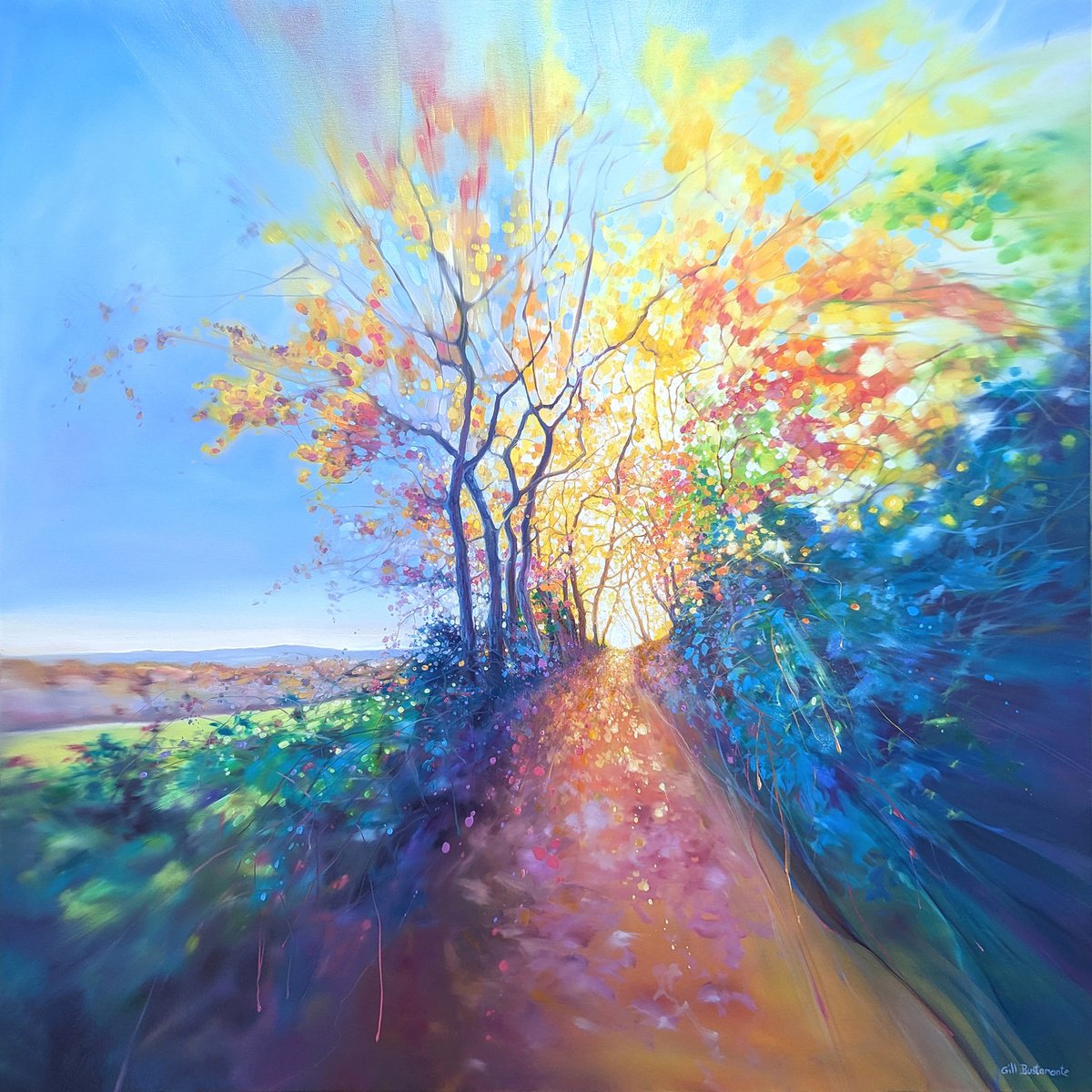 The Truth Calls, large oil painting of an autumn path by Gill Bustamante