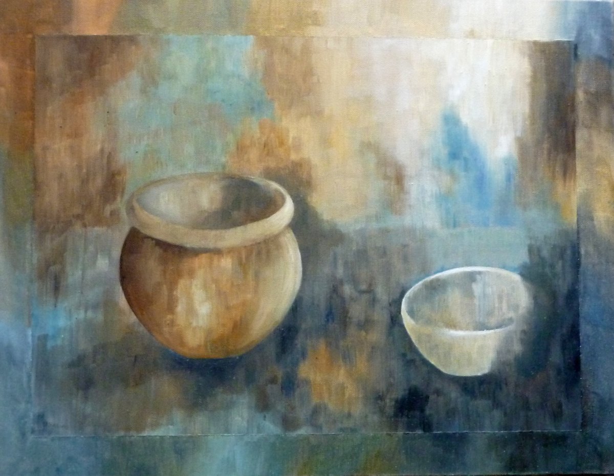 Impressionistic Still Life Oil Painting By Maddalena Pacini, 18 X 14", Two Pots, Original Artwork