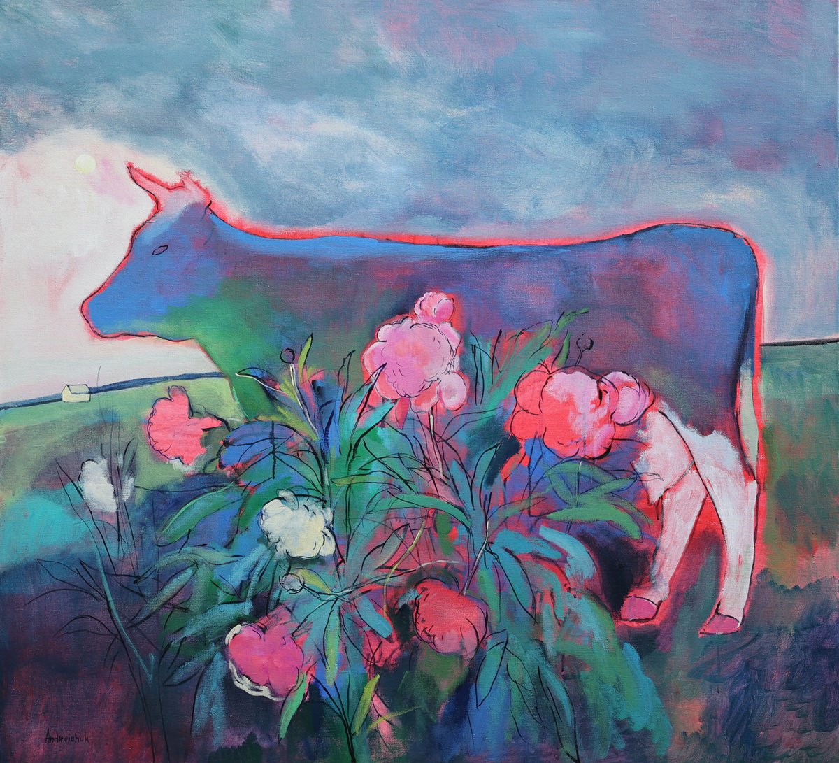 Neon Cow And Peony Bush By Artem Andreichuk, 51 X 47, Artwork For Sale On Artfinder
